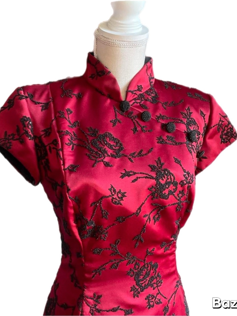 VTG Huey Waltzer Saks Red Hand Beaded Floral Cheongsam Mandarin Gown Size 8 - Picture 2 of 8